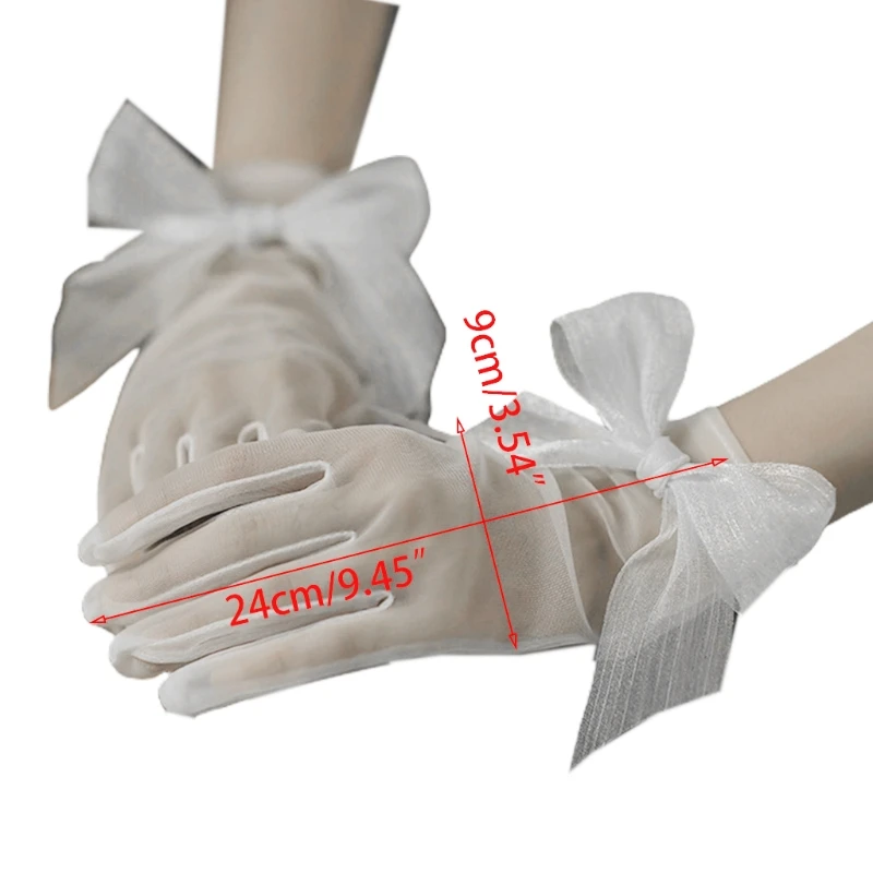 

Korean Women Sweet Wedding Sheer Short Gloves Handmade Beaded Bowknot Decor Bridal Prom Party Mittens