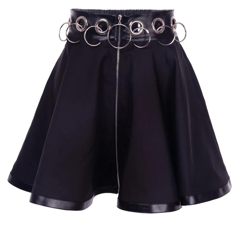 

Women A-line Gothic Skirt Summer Sexy Hoop Hollow Out Pleated Skirts Goth Black Iron Ring Female Mini Short Skirts Casual Skirt