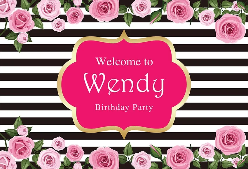 

7x5FT Happy Birthday Party Pink Floral Flowers Green Leaves Stripes Custom Photo Studio Backdrop Background Vinyl 220cm X 150cm