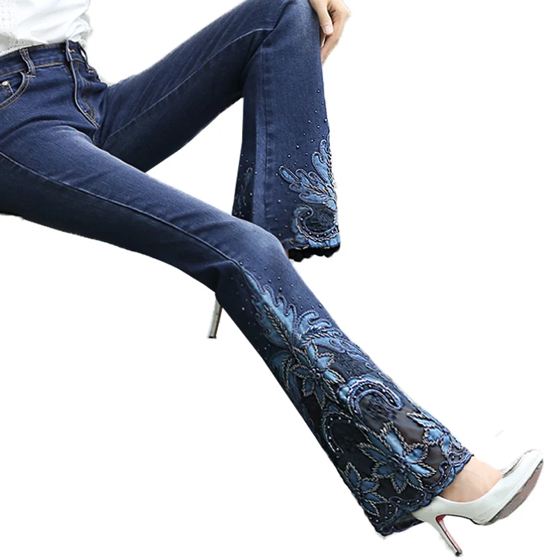 Весенние Новые Роскошные расклешенные женские ботинки с вышивкой средней талией