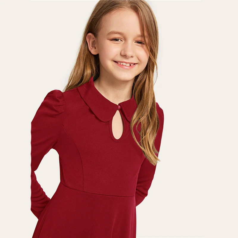 SHEIN Kiddie/красное однотонное расклешенное платье с оборками, трапециевидной формы, с поясом, летнее праздничное платье, рукав-волан, с пуговицами на спине, платья-миди для девочек