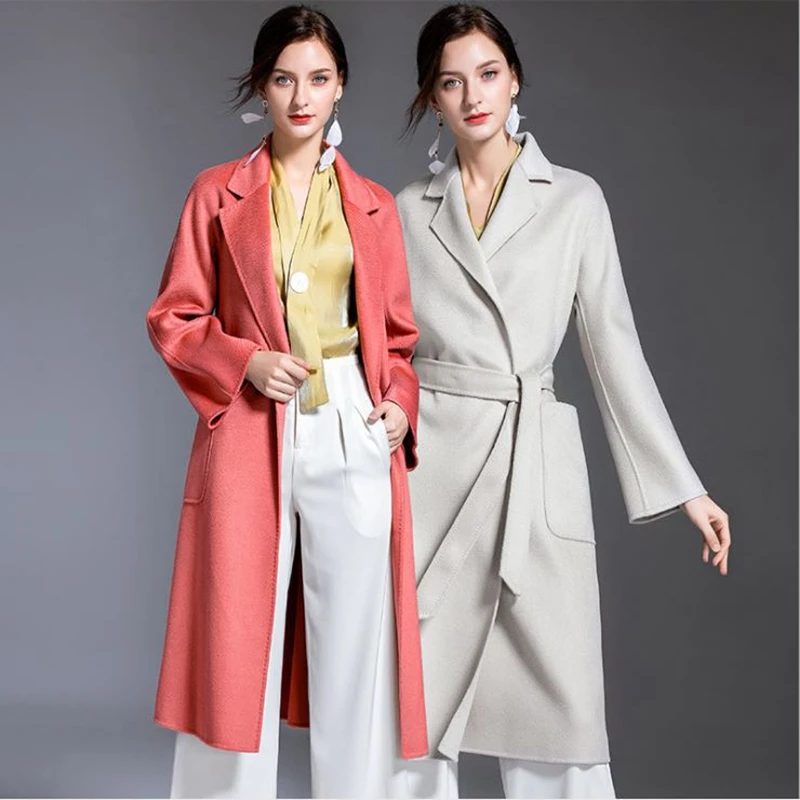 Женское кашемировое пальто зимнее выше колена свободное теплое шерстяное