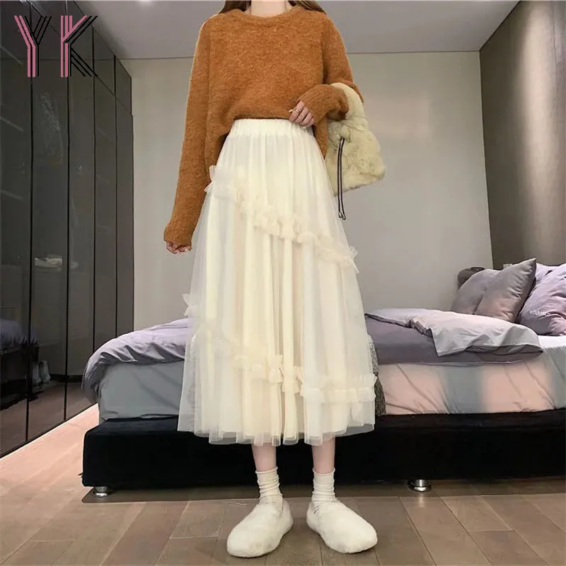 

Эластичная сетчатая юбка миди с высокой талией и оборками, модная Свободная Женская юбка в Корейском стиле, волшебная Новинка 2021, женская од...