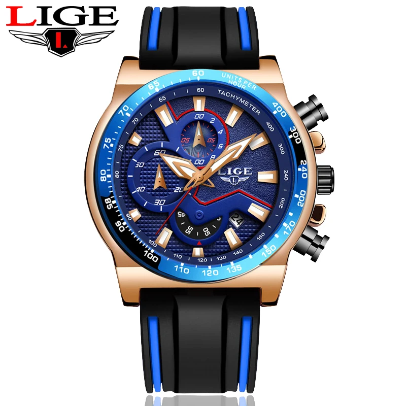 Модные часы мужские LIGE уникальный дизайн спортивные с силиконовым ремешком