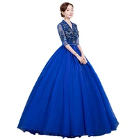 2021 stock royal blue long sleeves v neck lace quinceanera dresses ball gown prom dress sweet 16 corset vestidos de 15 anos