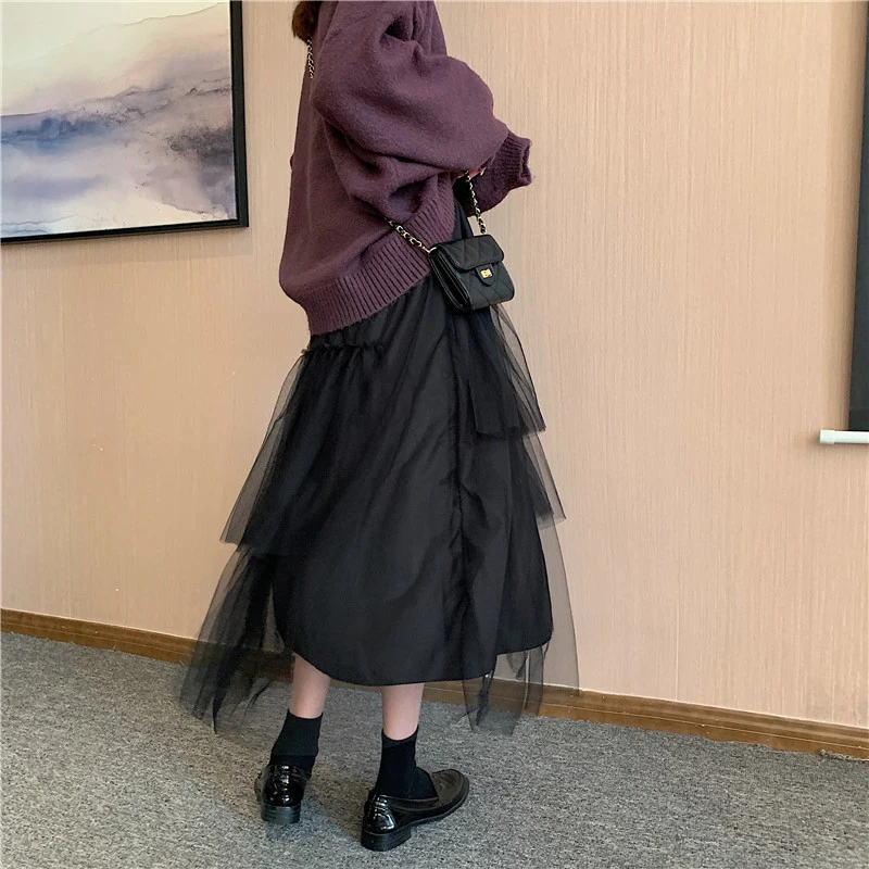 

Sweet Style High Waist Mesh Cake Skirt Fashion Lace-up Bow A-line Long Skirts for Women Korean Fashion Clothing Spring Autumn