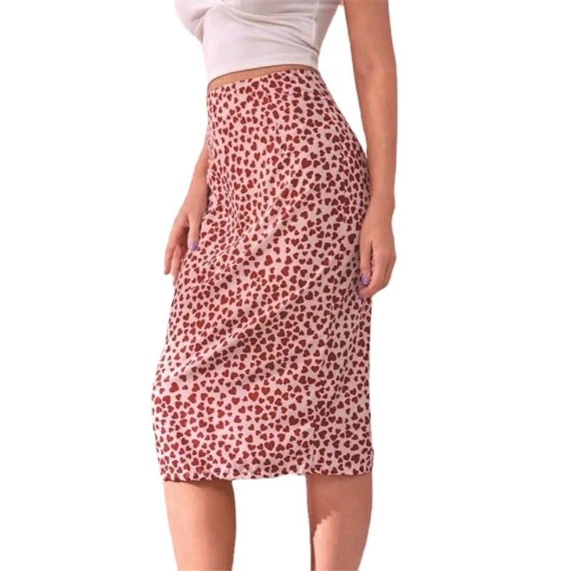 

2021 Summer New Women Fashion Love Printing Versatile Slim Thin Mid-length Chiffon Skirt Sexy Ladies Pack Hip One Step Skirt