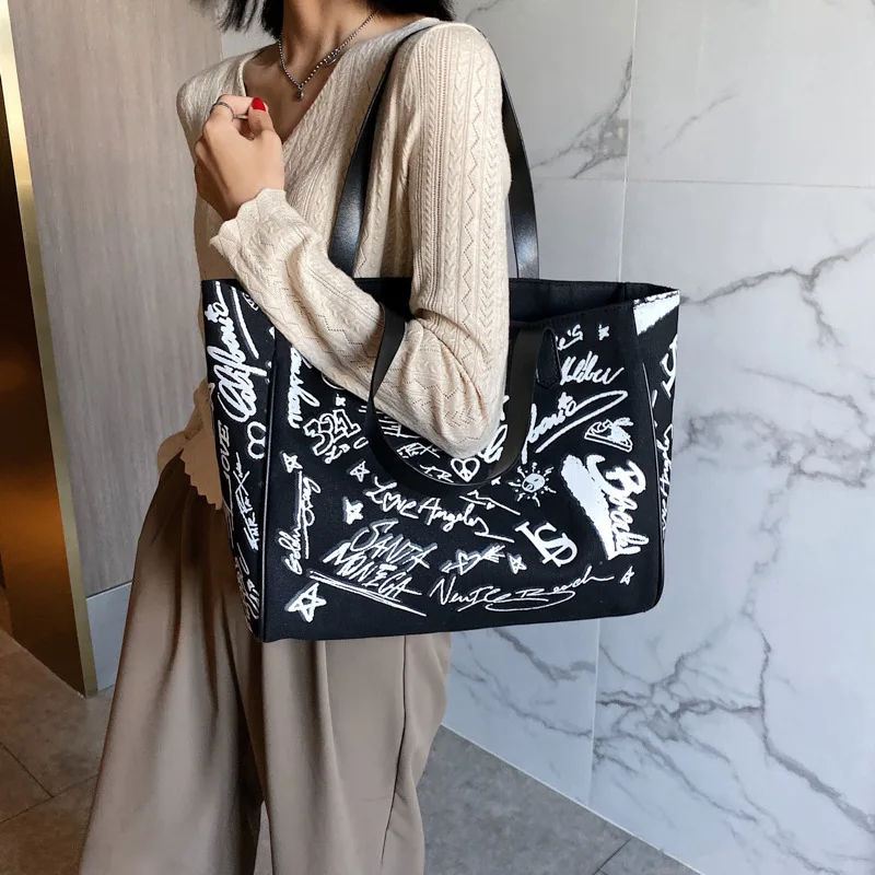 

Fashion Graffiti Canvas Shoulder Bag 2021 New Large Women Handbags Leisure Travel Totes Female Messenger Crossbody Bag Shopper