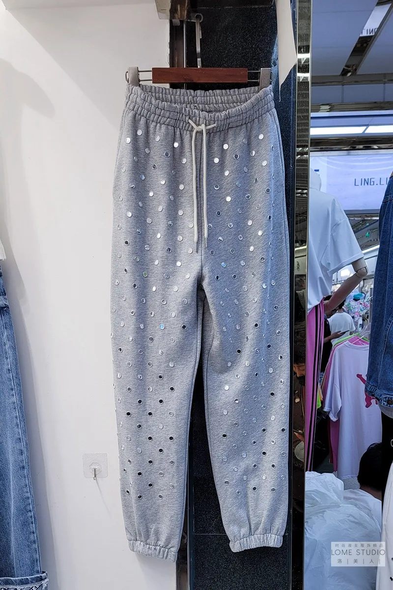 

2021 Spring New Women Solid Color Pants Embroidered Flare Elastic Waist Loose Casual Sports Girl Pants Casual Pants