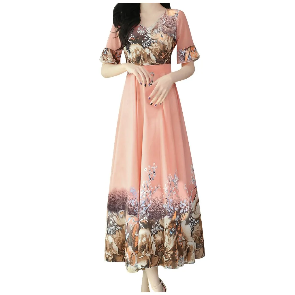 Boho Dress Women v-Neck Short Sleeve Long Floral Print Slim A-Line Party Dresses Casual Loose Beach Ladies Elegant |