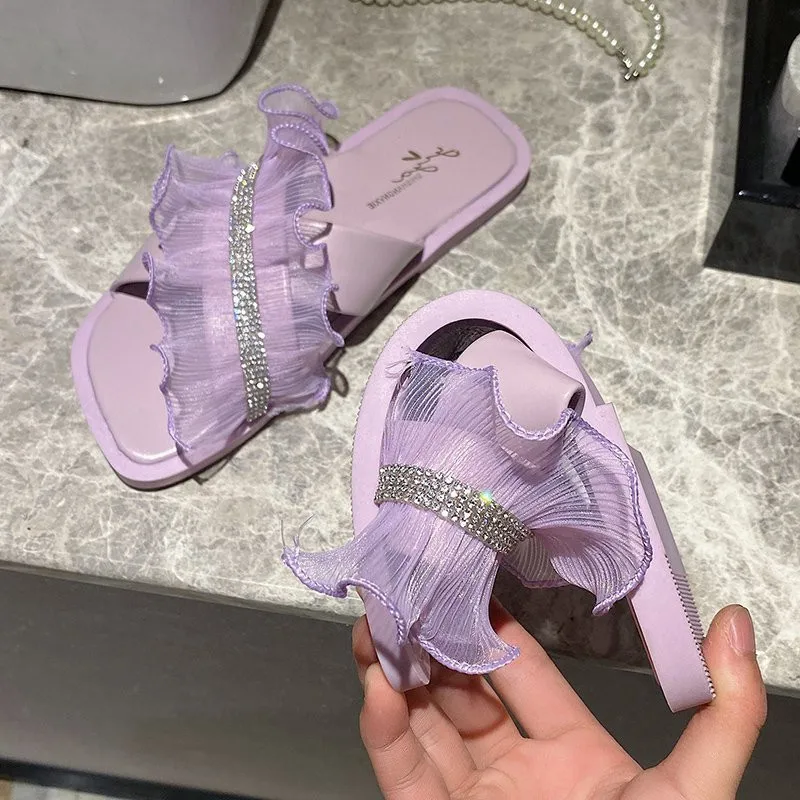 

Shoes Low Slippers Flat Slides Square heel Slipers Women Fashion Block 2021 Soft Luxury Bonded Leather Riband Fabric Rubber