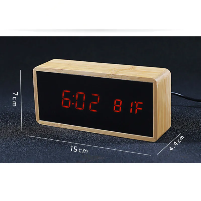 Rectangle Alarm Clock Wooden Electronic Desk Digital LED Bamboo Thermometer Watch Snooze with Humidity | Дом и сад