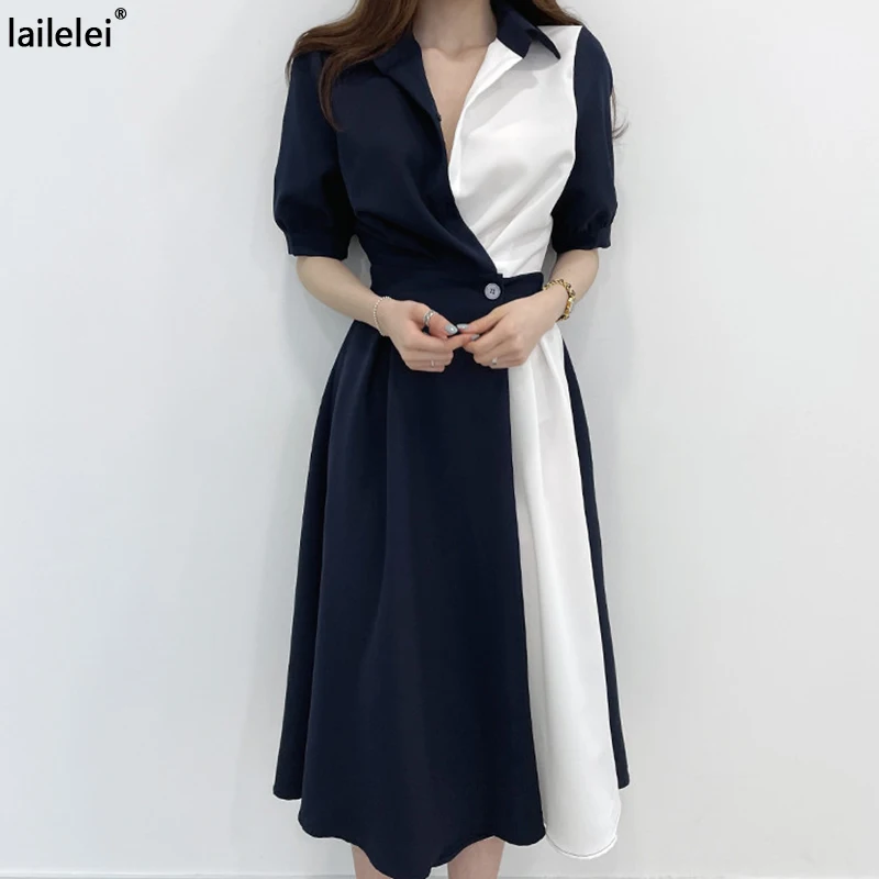 

Patchwork Button Shirt Dress Midi A-Line Chemise Longue Femme Vestidos De Verano Women Elegant South Korea Women's Office Jurken