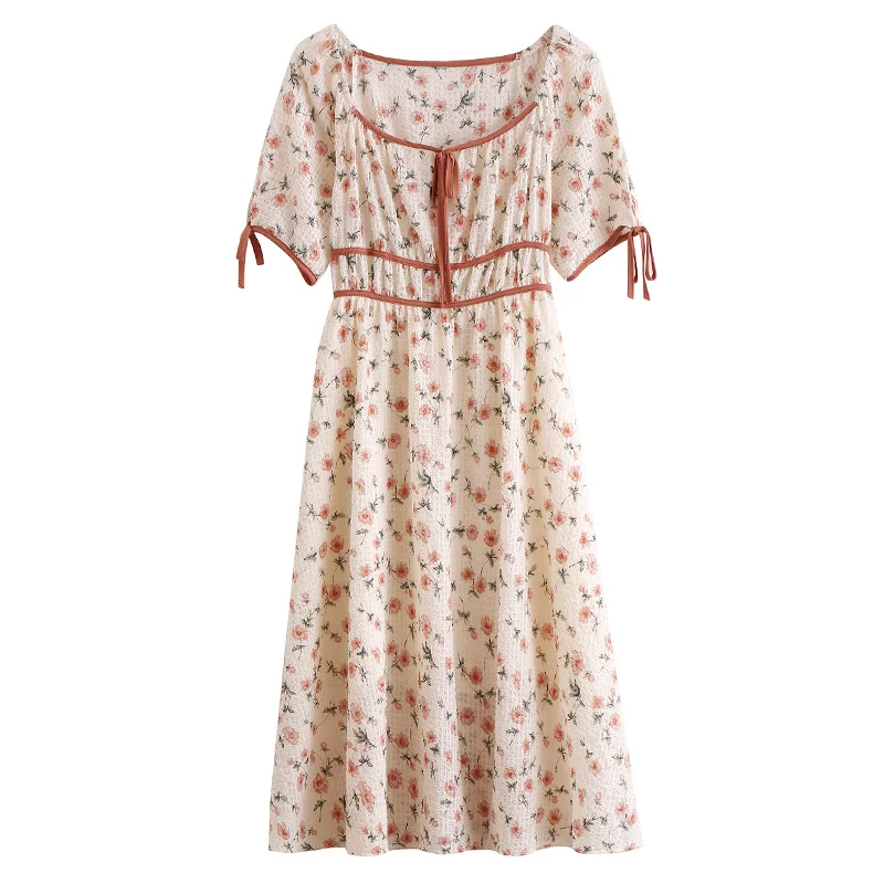 

women's clothing new summer fashion square collar bow dress floweral short-sleeved dresses