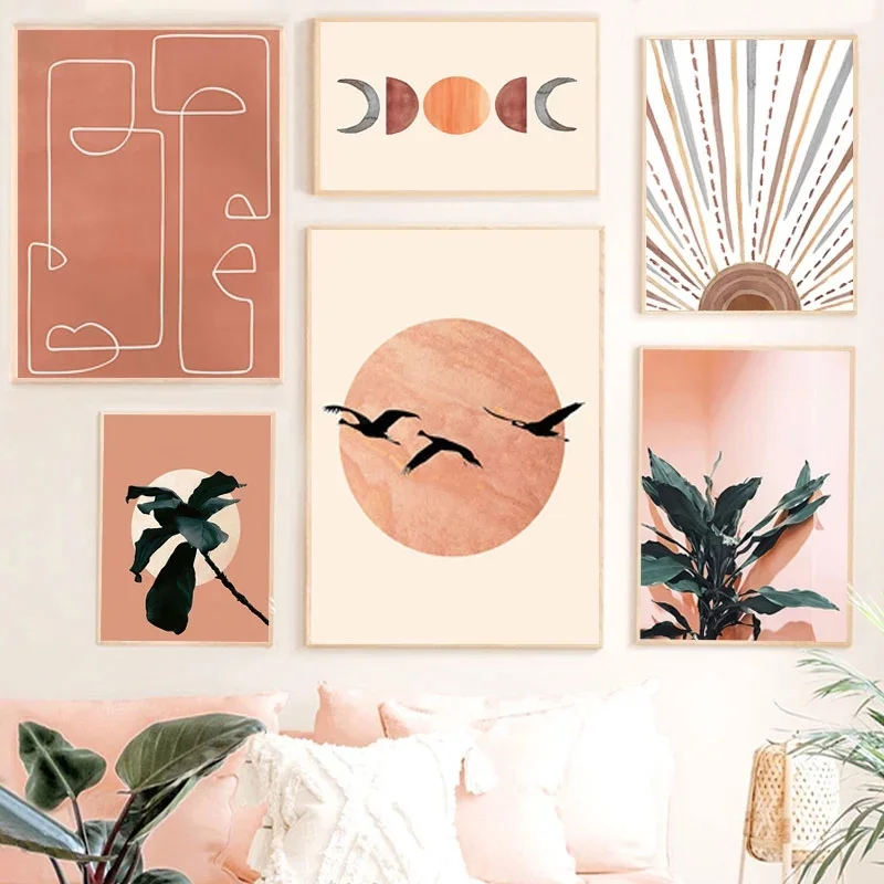 

Nordic Boho Posters Abstract Sun Moon Print Plant Orange Wall Art Canvas Painting Home Wall Pictures For Living Room Decor