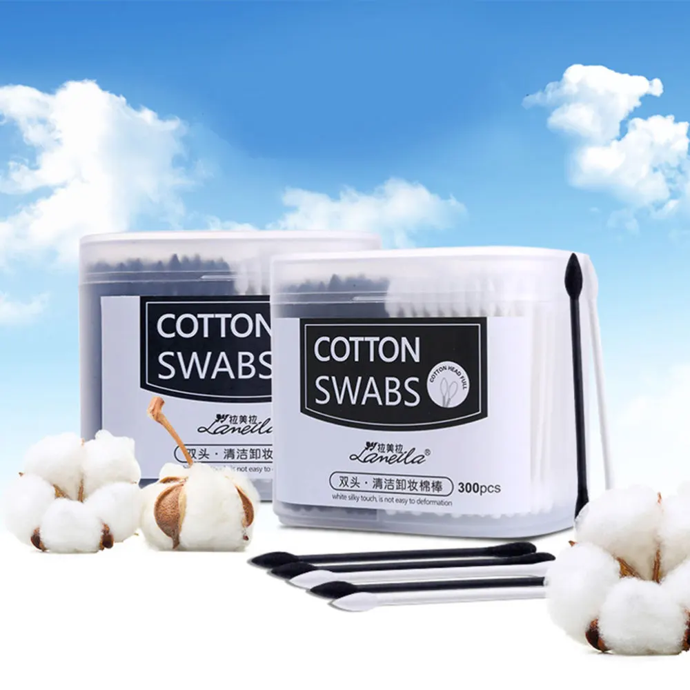 

300pcs Disposable Double Head Cotton Swab Makeup Supplies Makeup Cotton Buds Tip Ear Clean Tools (White + Black, Mixed Pat