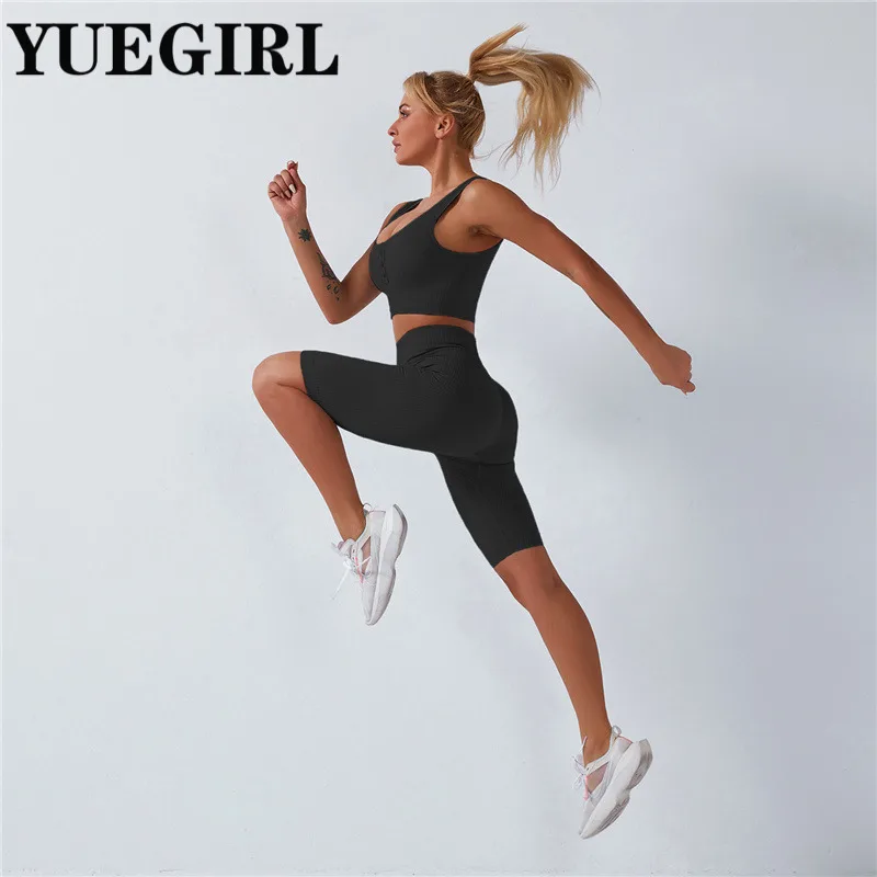 Вязаный бесшовный комплект для спортзала женская одежда фитнеса штаны топ