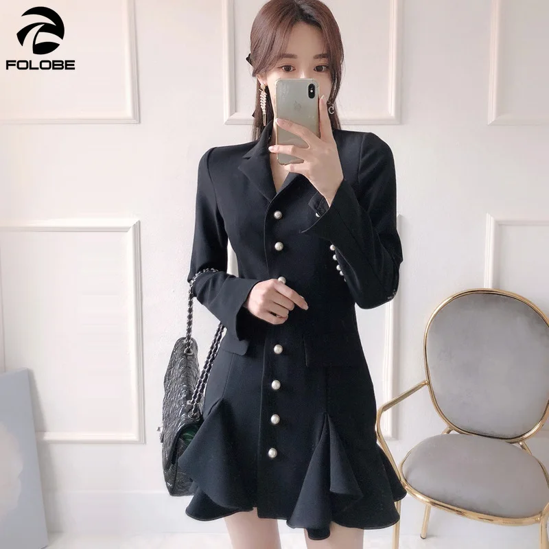 

FOLOBE 2021 весна осень новый костюм платья женские пуговицы оборки с длинным рукавом элегантное сексуальное платье для офиса женские повседнев...
