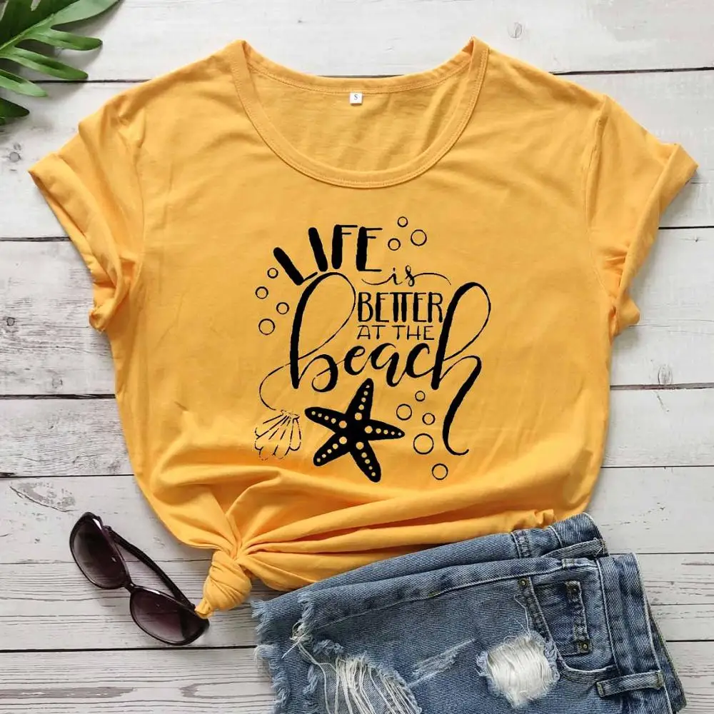 Женская футболка из чистого хлопка с милым графическим принтом Life is better at the beach