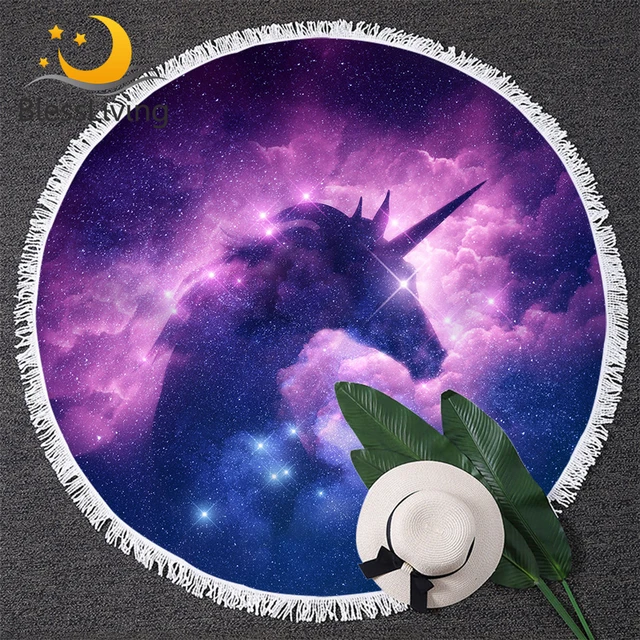 BlessLiving Galaxy Unicorn Round Beach Towel for Adult Psychedelic Space Large Picnic Mat Sparkly Tapestry With Tassel Blanket 1