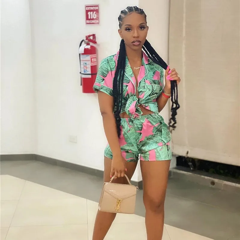 

Women’s Two Piece Summer Outfits Tropical Short Sleeve Shirts Button Down Tops and Shorts Set 2021