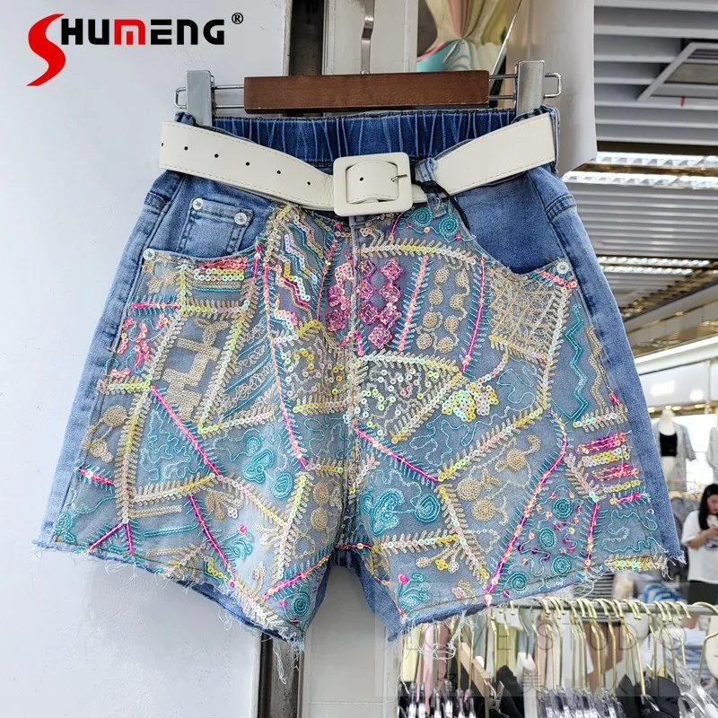 

Женские джинсовые шорты с вышивкой, модные облегающие широкие штаны с завышенной талией в Европейском стиле, лето 2021