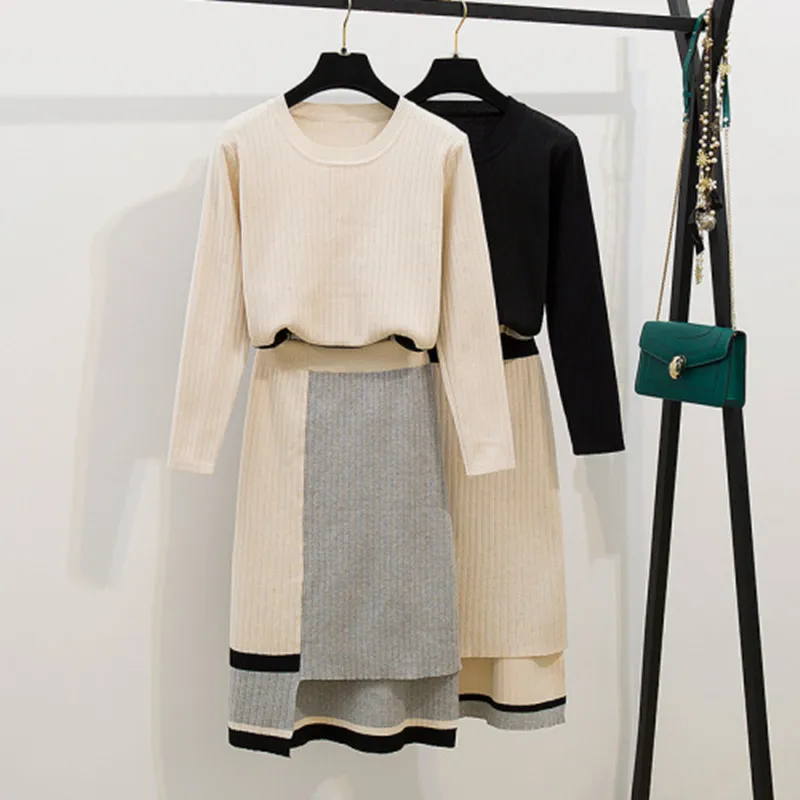 

Женский трикотажный комплект из двух предметов, свитер с узором и асимметричная юбка, осень 2021