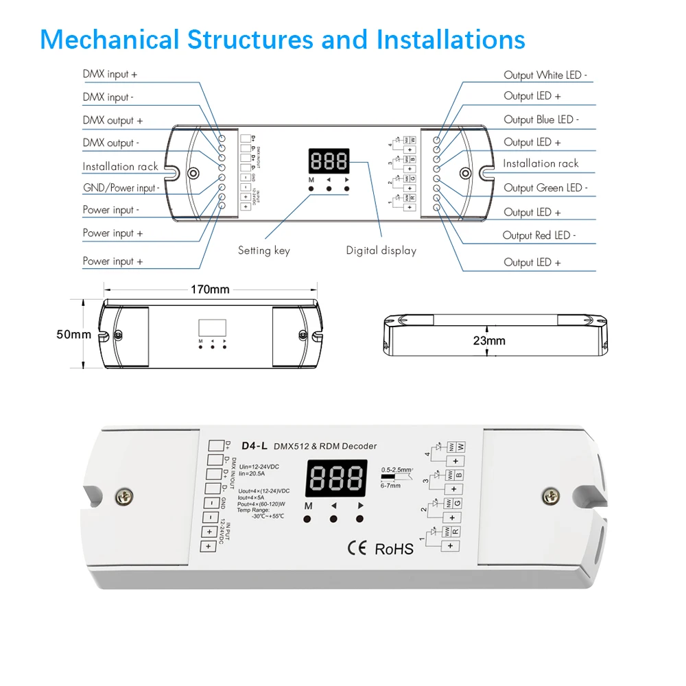 D4 L DC12V 24V 20A 4 канальный 4CH PWM постоянное напряжение RDM DMX512 декодер светодиодный