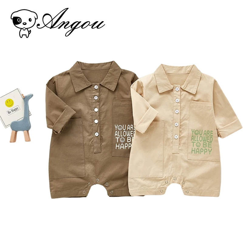 

Angou Fashion Baby Romper Autumn Baby Boy Clothes Cotton Casual Pocket Tooling Romper Letters Jumpsuits