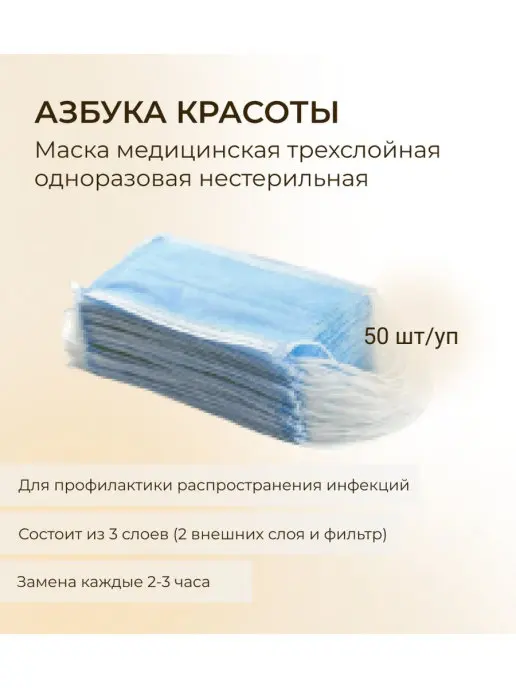 Азбука Красоты / Маска медицинская трехслойная одноразовая нестерильная