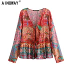 Винтажная шикарная Женская богемная блузка с цветочным принтом, рубашки на шнуровке, женская блузка с V-образным вырезом в стиле бохо