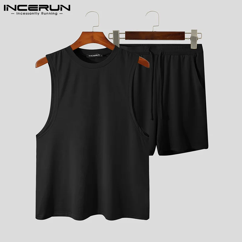 

Комплект для бодибилдинга INCERUN мужской, однотонный Повседневный Топ без рукавов с круглым вырезом и шорты, уличная одежда, тренировочные ко...