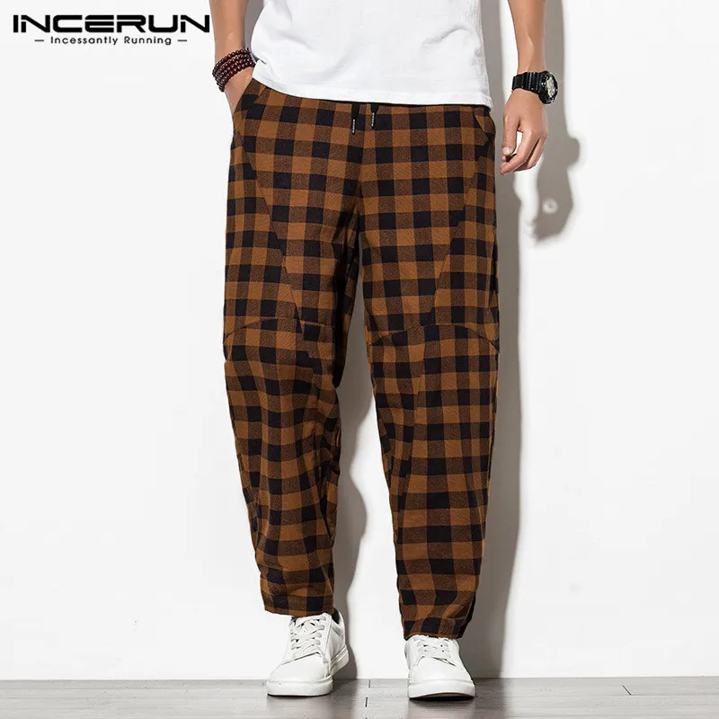 

Men Harem Pants Plaid Joggers Pockets Casual Trousers Men Drawstring Streetwear Baggy Cotton Retro Pantalones Hombre 5XL INCERUN
