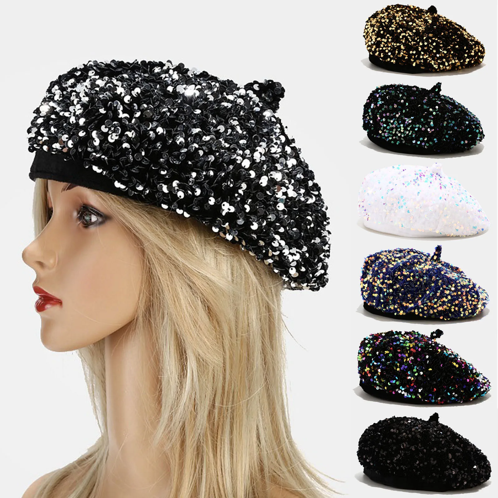 

Drop Ship Beret Hat Women Stylish Sequins Beret Artist Fashion Girls Beret Hat Female Solid Color Slouchy Winter Hats Female