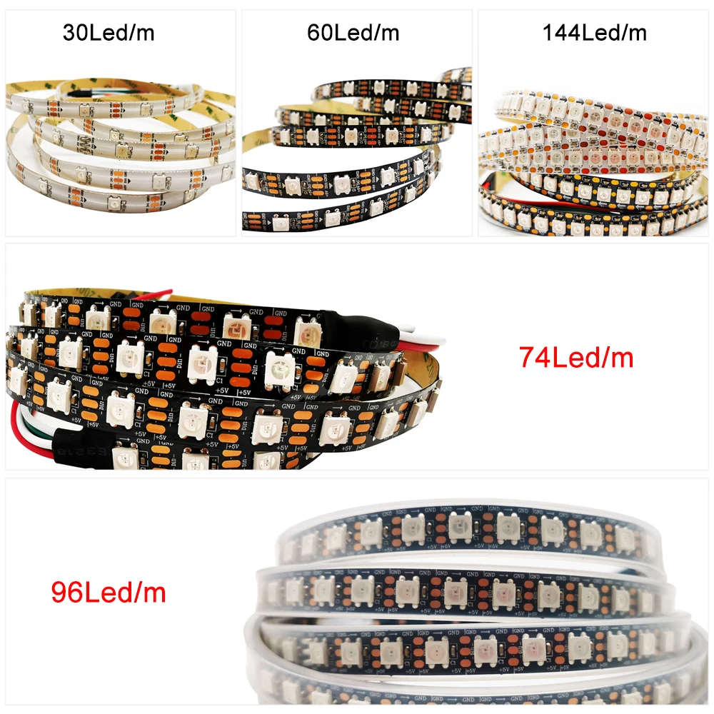 WS2812B WS2812 Individually Addressable Smart RGB LED Strip Light 30/60/144led Black/White PCB Waterproof IP30/65/67 DC5V | Лампы и