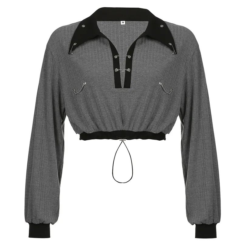 

Женский облегающий Топ, осень 2021, уличная мода, повседневный укороченный топ с металлическими пуговицами, кольцами и завязками, длинными ру...