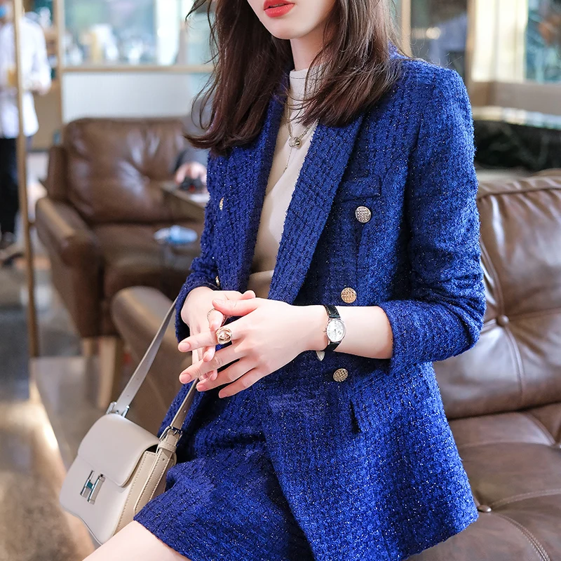 Boliyae Suit with Shorts for Women Spring and Autumn New Plaid Tweed Long Sleeve Blazer Sets Fashion Double Breasted Jacket Tops