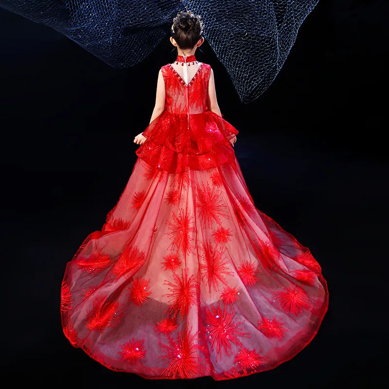 

2020Summer Luxury New Children Girls Evening Party Birthday Long Tail Dress Model Show Catwalk Piano Costumes Host Dress Clothes