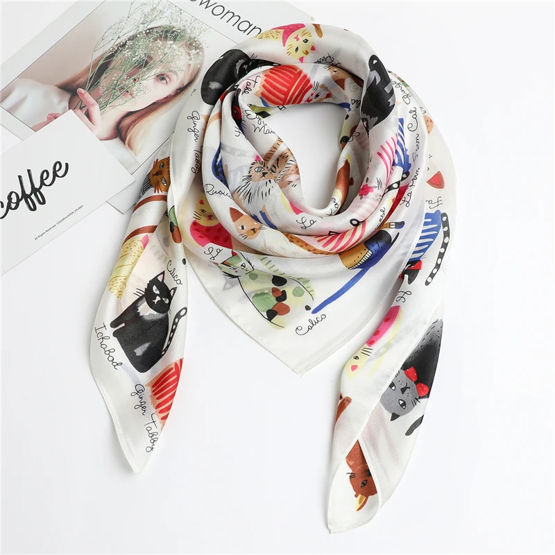 

2021 Hot Sale Women Silk Scarf Square Shawls Hijab Head Band Foulard Lady Neck Scarves Fashion Cat Print Cartoon Hand Kerchief
