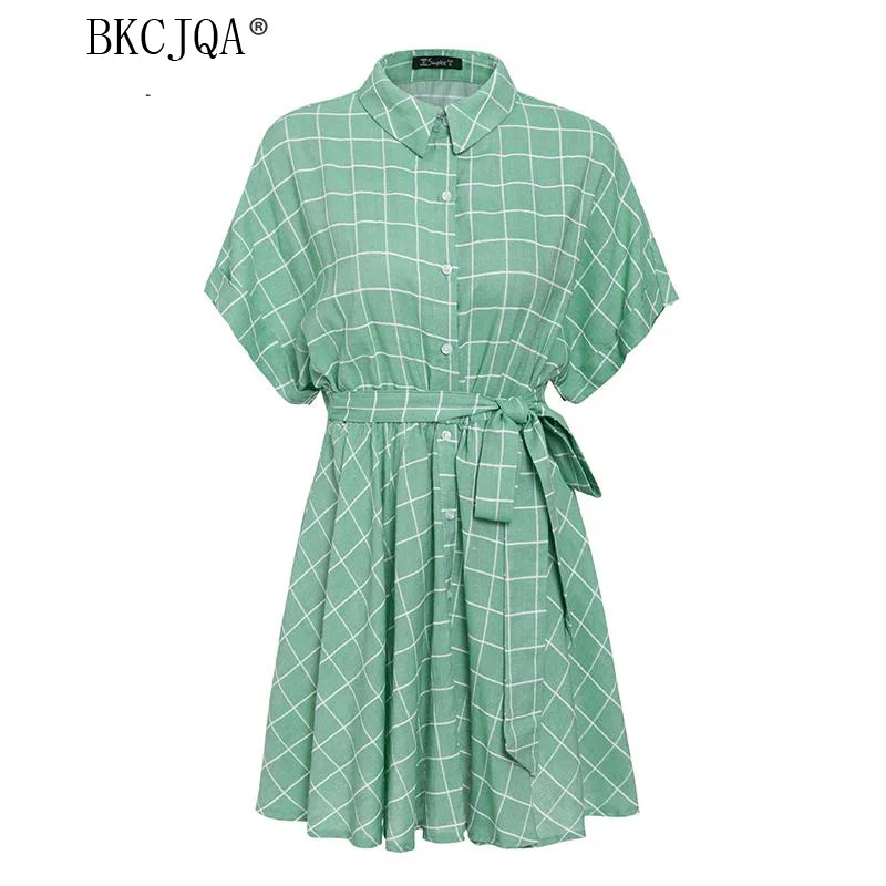 Женское платье Элегантное клетчатое с поясом женское коротким рукавом