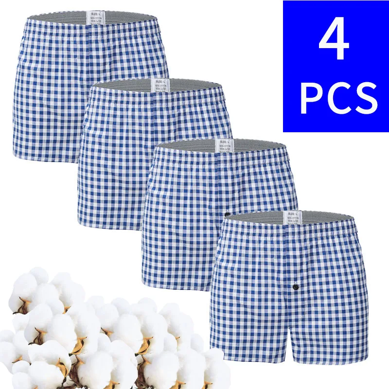 

4PCS Mens 100% Cotton Arrow Pants Casual Plaid Male Underwear Loose Breathable Beach Man Boxers Shorts Large Size 6XL