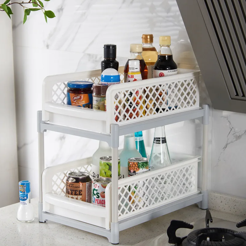 

2 Layers Kitchen Countertop Rack Spice Jars Bottle Shelf Pull-Out Multi-Layer Storage Racks Plastic Hollow Drawer Storage Racks