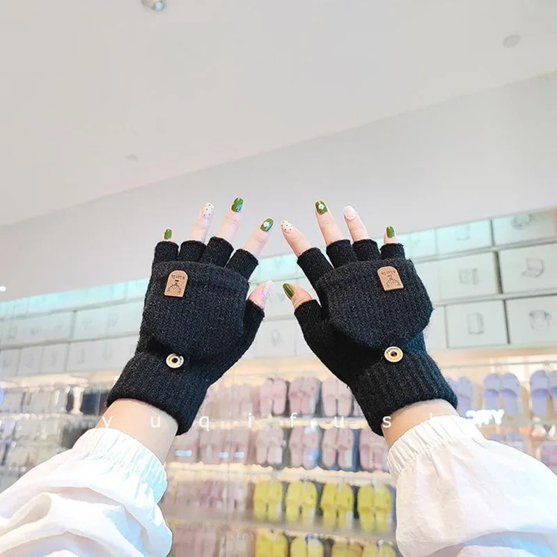 

New Men Fingerless Flip Gloves Winter Warm Soft Comfortable Wool Knitted Glove Touchscreen for Women Exposed Finger Mittens Gray