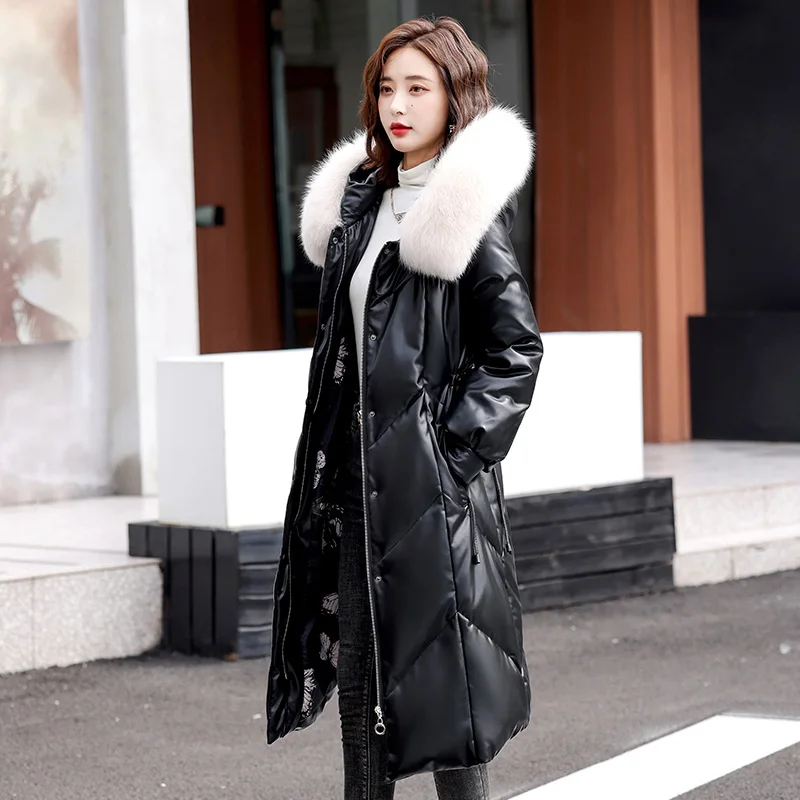 New Women Leather Coat Autumn Winter 2022 Real Fox Fur Collar Drawstring Waist Loose Long Sheepskin Overcoat Leather Down Jacket