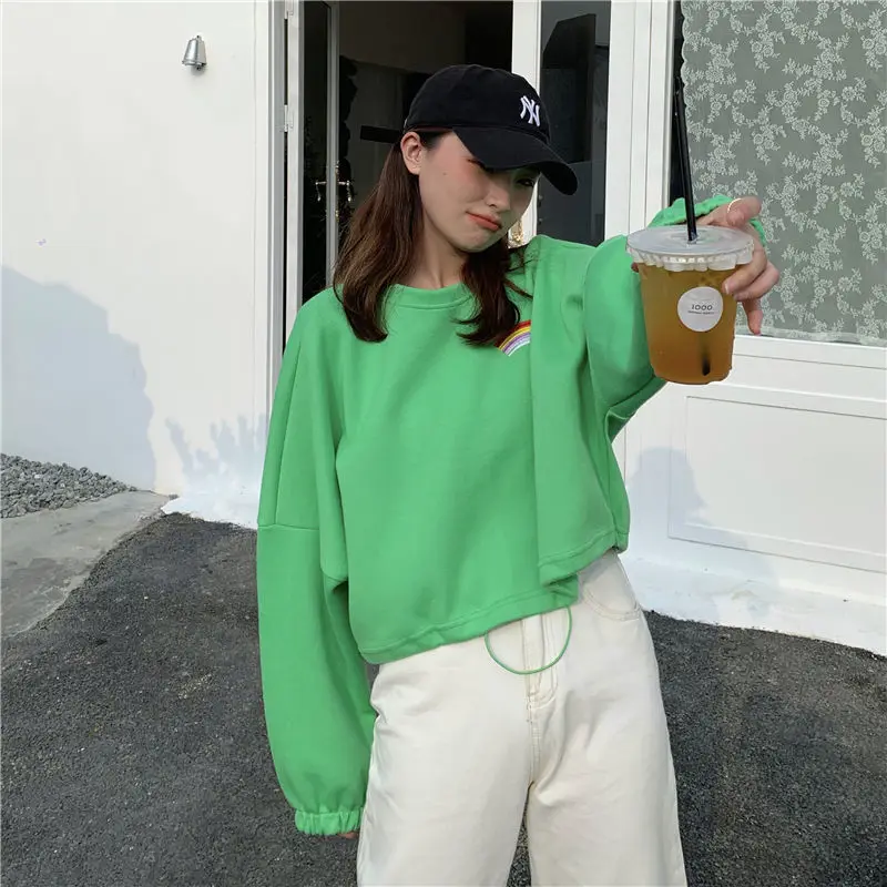 

Sweatshirts Women Loose Rainbow Embroidery Sweet Preppy Style Harajuku All-match Spring Student Chic Trendy New Crops Clothing