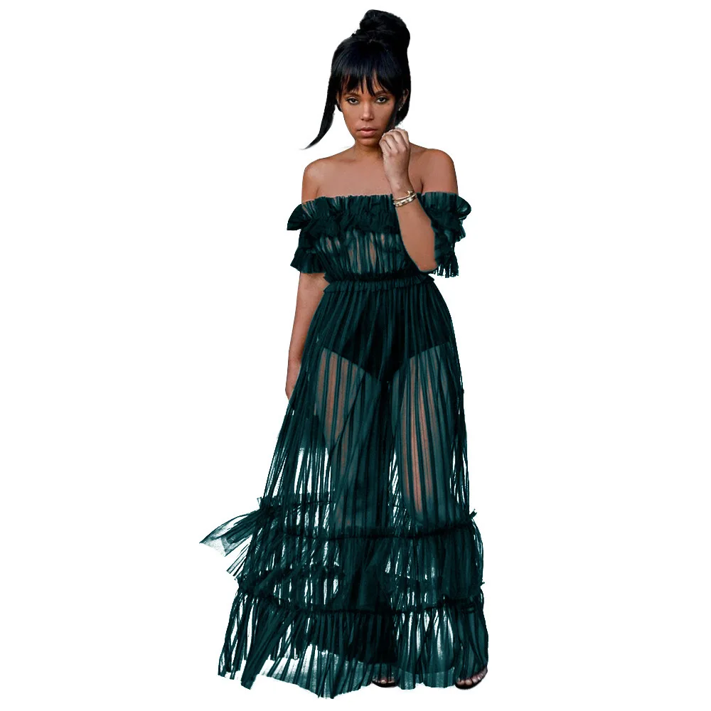 

Nightclub Sexy European and American Long Dress off-Shoulder Sexy Perspective Mesh Hot Women's Dress