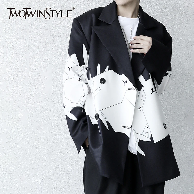 

TWOTWINSTYLE Colorblock Blazer Coats For Female Lapel Collar Long Sleeve Loose Women's Coat Fashion Streetwear New Autumn 2021