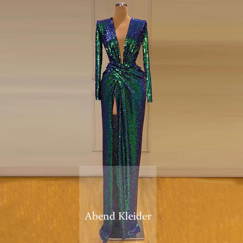 Женское вечернее платье с длинными рукавами и v образным вырезом зеленое