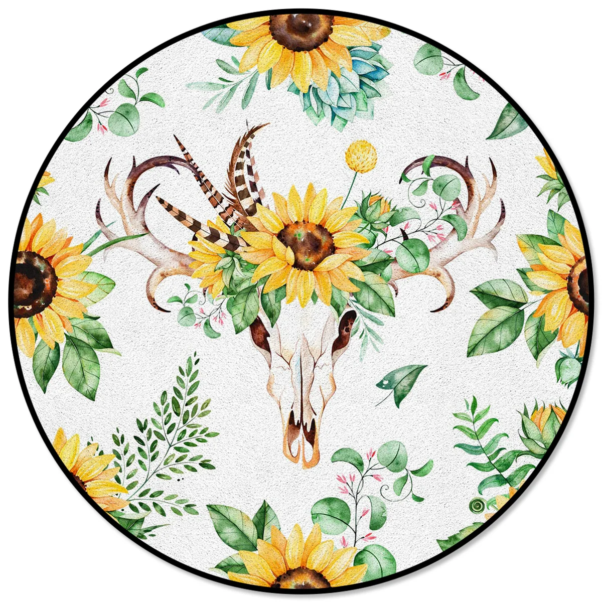 

Sunflower Flowers Horns Feathers Leaves Pattern Rugs and Carpets for Home Living Room Round Rug for Children Rooms Non-slip