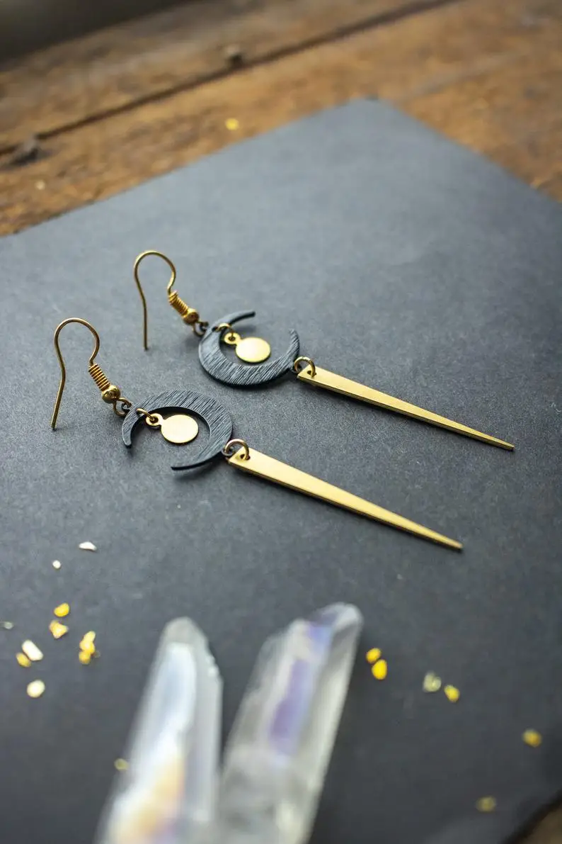 

Black Moon Earrings and Brass Spikes,Long Celestial Earrings,Moon Earrings